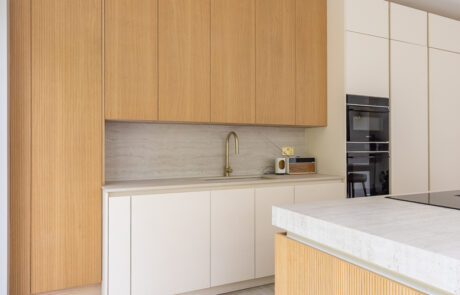 PGK Focus Alpine White Gloss & Walnut Veneer Contemporary Kitchen