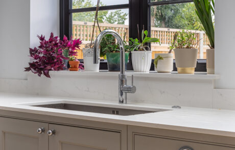 PGK Focus Alpine White Gloss Waterfall Quartz Contemporary Kitchen Kensington PGK Focus Alpine White Gloss & Waterfall Quartz Contemporary Kitchen