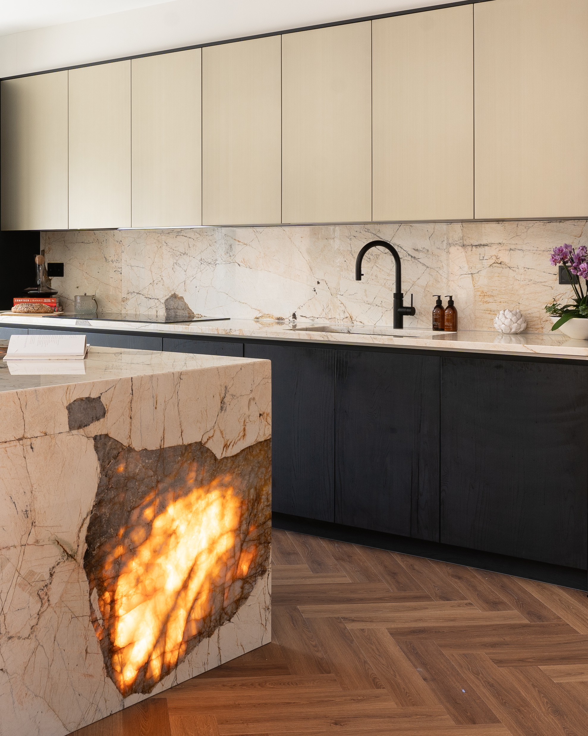 PGK Contemporary Illuminated Dark Stone Kitchen Island PGK Contemporary Illuminated Dark Stone Kitchen Island with Taupe Cabinets, London