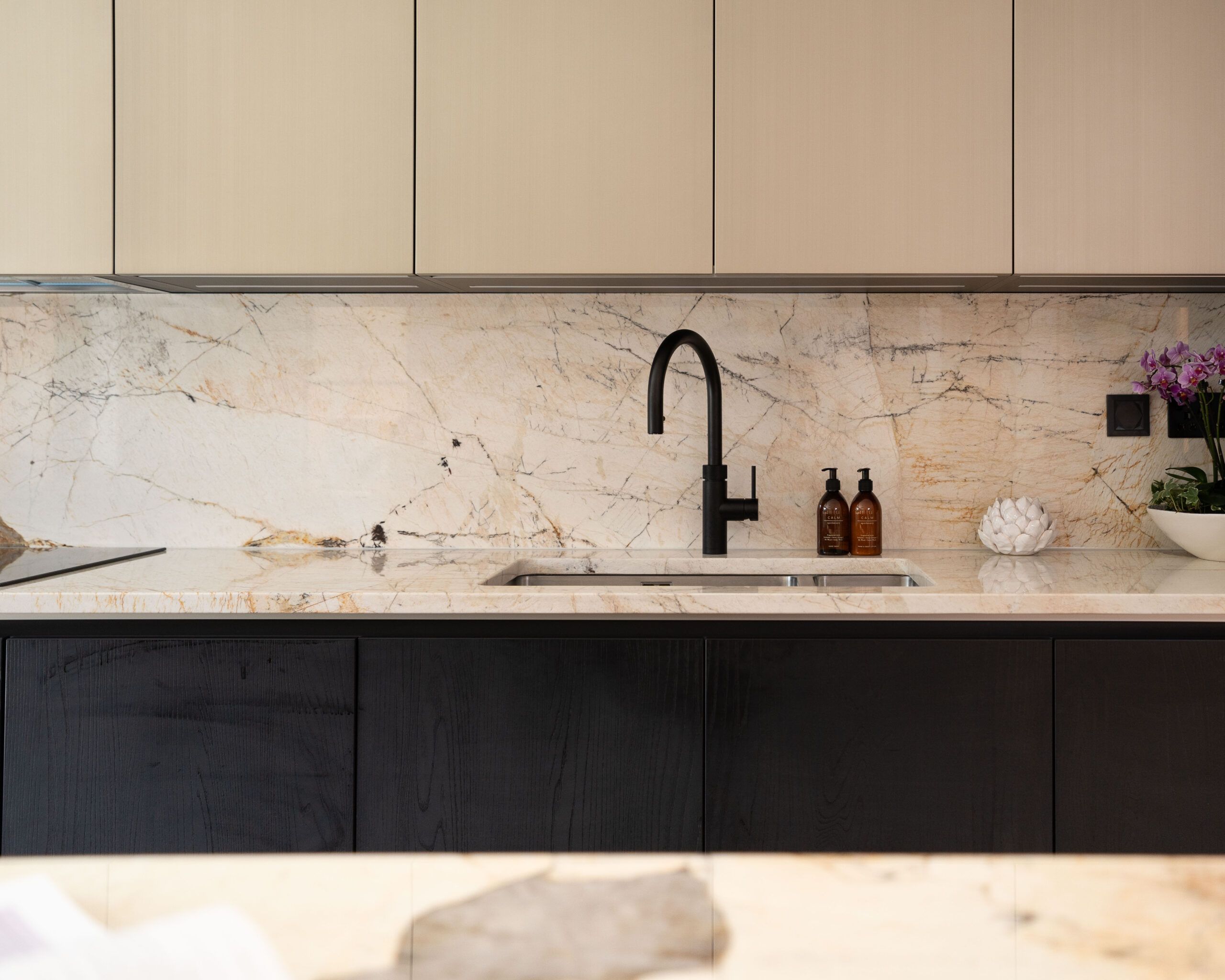 PGK Contemporary Illuminated Dark Stone Kitchen Island PGK Contemporary Illuminated Dark Stone Kitchen Island with Taupe Cabinets, London