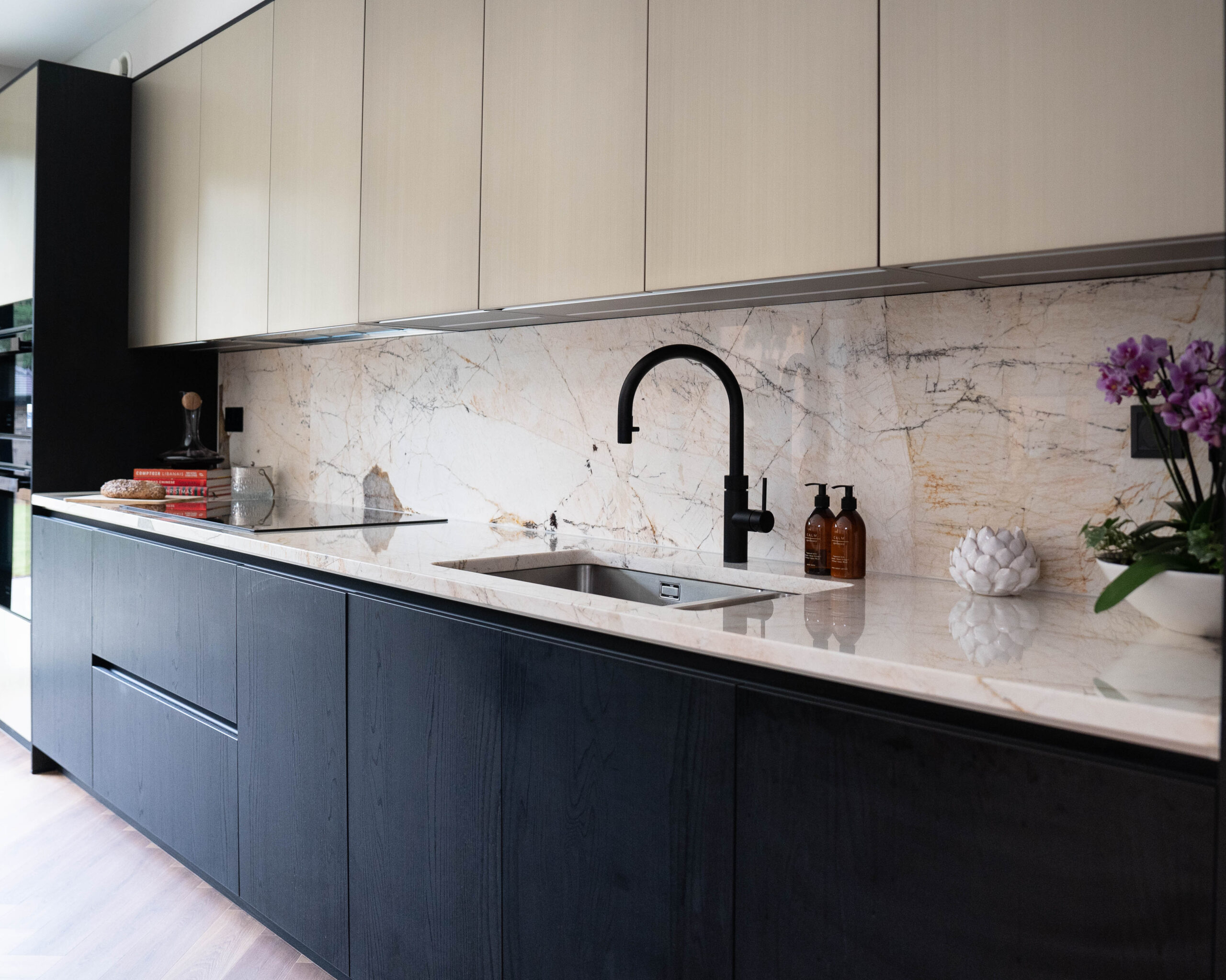 pgk-illuminated-basalt-stone-kitchen.jpg PGK Contemporary Illuminated Dark Stone Kitchen Island with Taupe Cabinets, London
